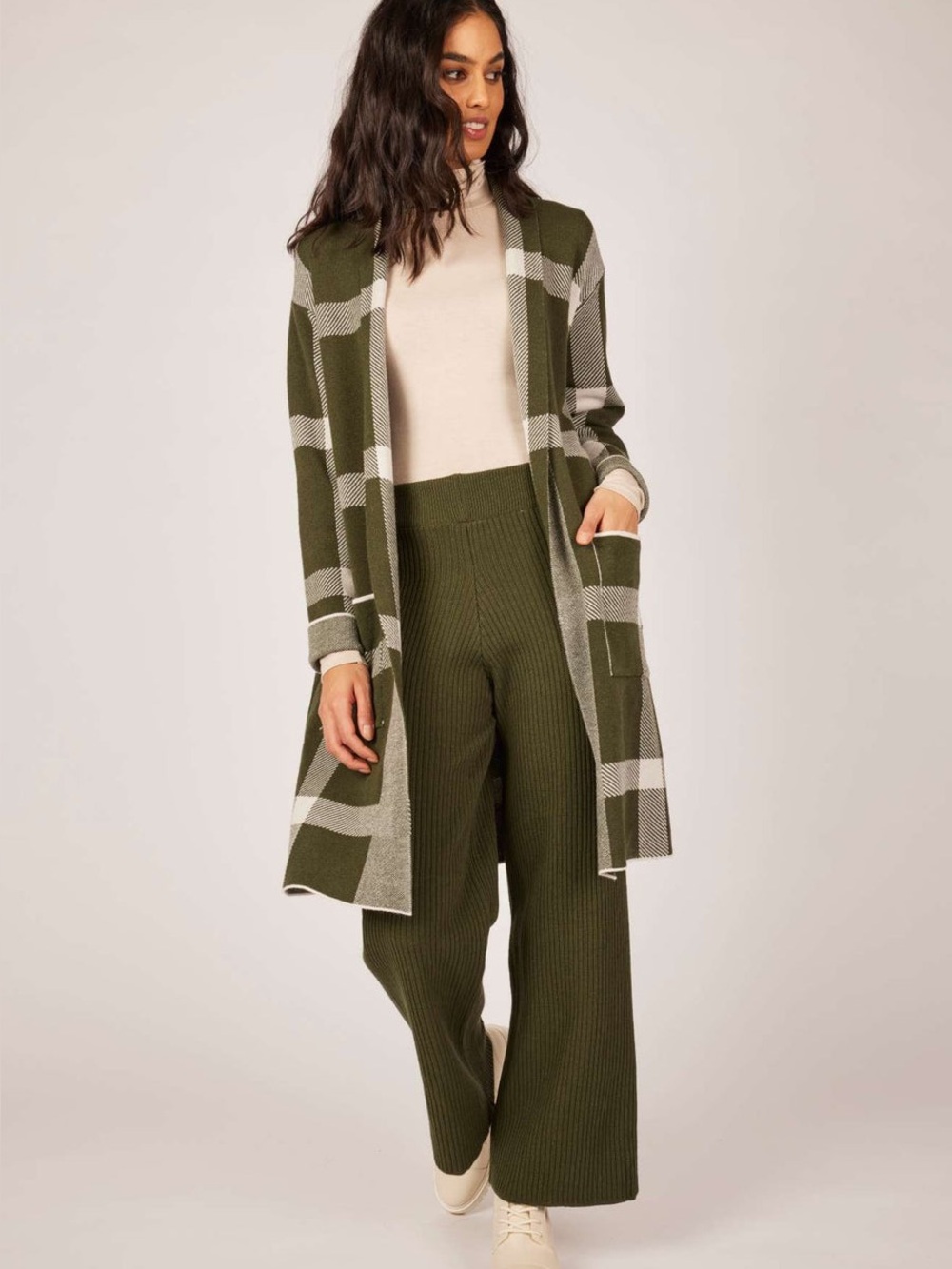 Pistache Plaid Ribbed Fine Knit Cardigan Open Front Long Forest Plaid